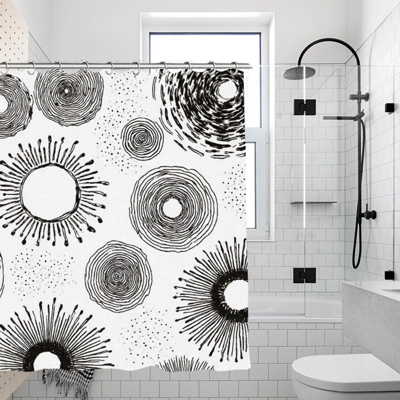 Rideaux de douche noirs et blancs dessinés à la main, 71 x 71