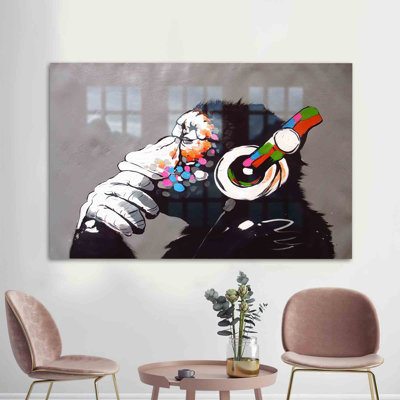 Abstract Tempered Glass Wall Art Featuring a Musical Chimp for Unique Street Style Home Decor