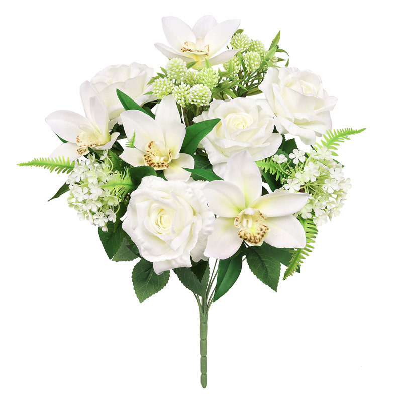 Artificial Mixed Rose Orchid Snowball Arrangement, Cream White