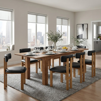 Dining Set - Bedford Butterfly Dining Table with Extension - Brushed Brown - Hailey Dining Side Chair - Nettlewood Frame - Casa Black Faux Leather