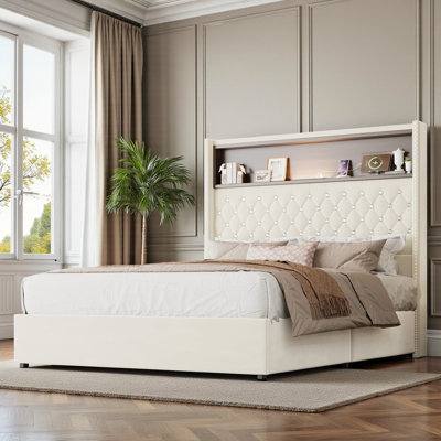 Structure de lit tapissier velours capitonné avec tablette USB et veilleuse