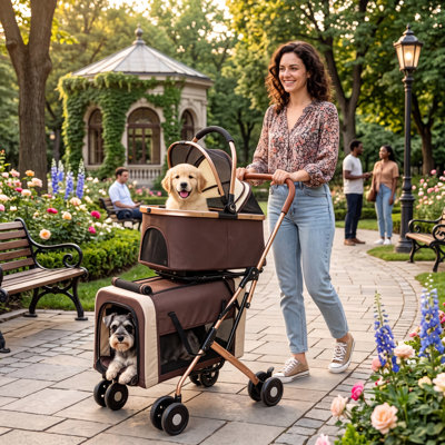 Foldable Pet Stroller 3-In-1 Double Decker Pet Jogger Stroller Detachable Carrier Tote With Shockproof Brake Wheels For Small Medium Dogs Cats
