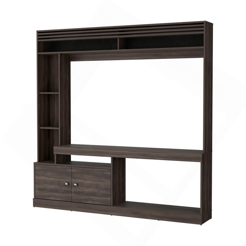 Meuble audio-vidéo en noyer teinté avec 2 portes et rangement ouvert