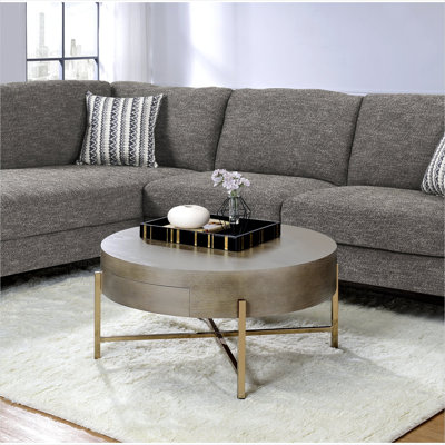 Table basse cylindrique avec tiroir, plateau rond en bois et base en métal, brun classique et champagne, 32 po