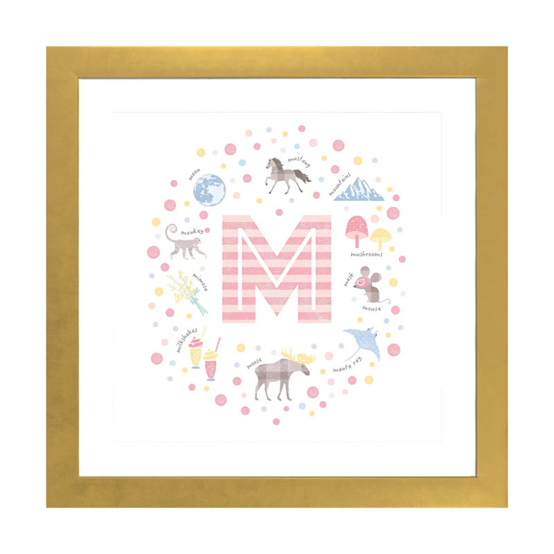 Lettre illustrée M rose - impression, Blanc, H 16 po x l 16 po x p 1 po, Papier encadré doré