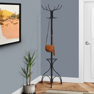 Portemanteau autoportant classique avec 12 crochets et porte-parapluies, idéal pour les vestibules et les petits espaces, en métal noir, style transitionnel