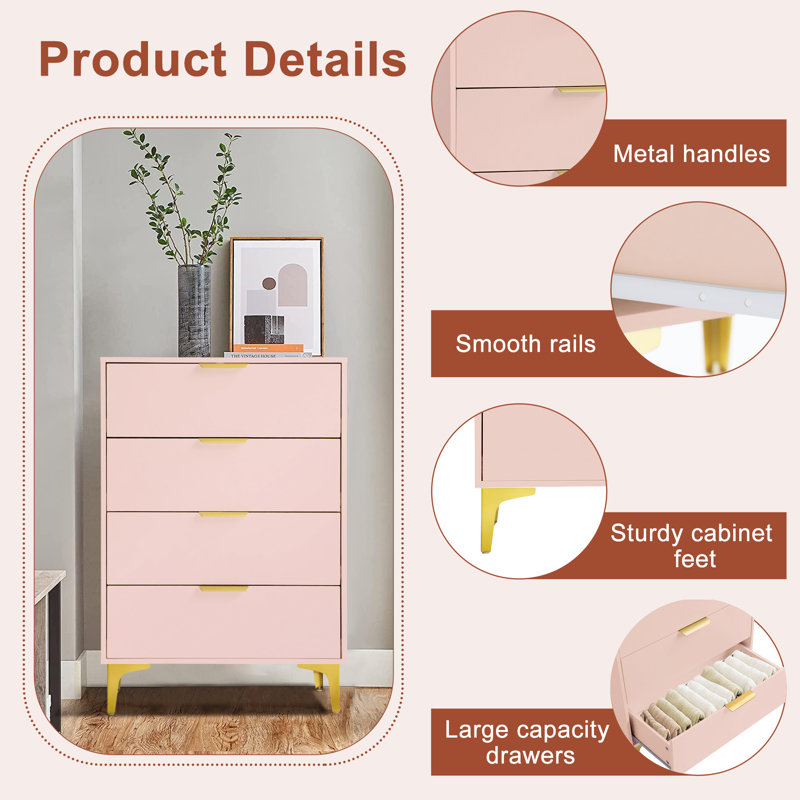 4 Drawer Dressers for Bedroom, Storage Chest Cabinet Organizer Unit, Chest of Drawer, Pink