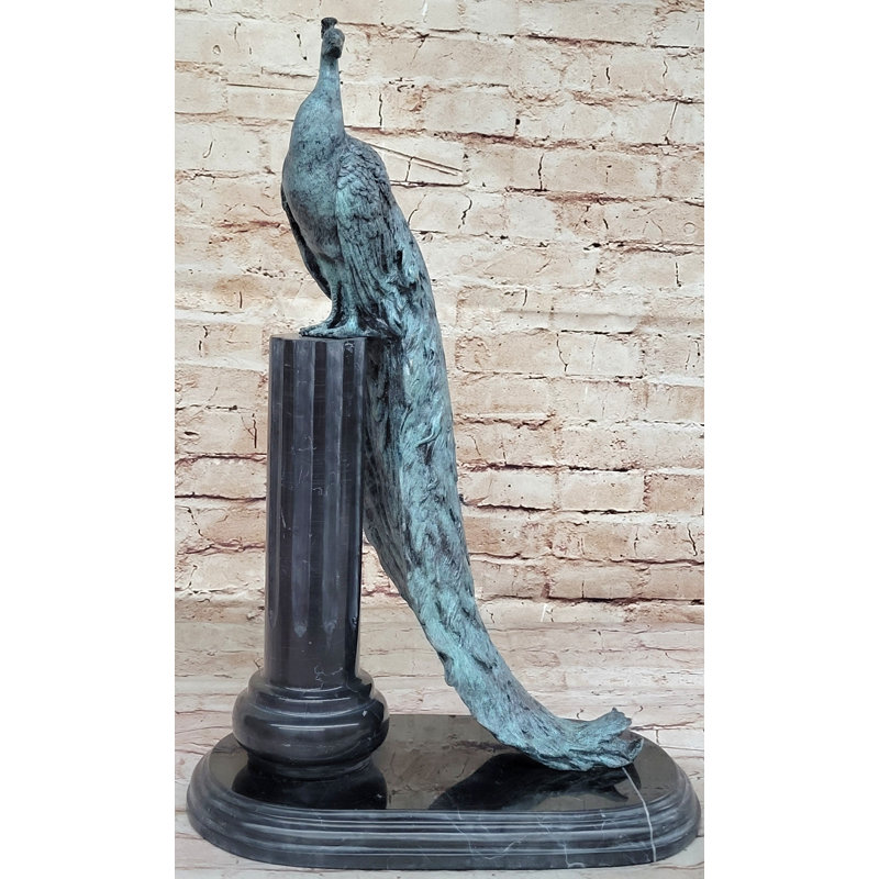 Sculpture de paon en bronze sur piédestal en marbre - art décoratif élégant signé Milo