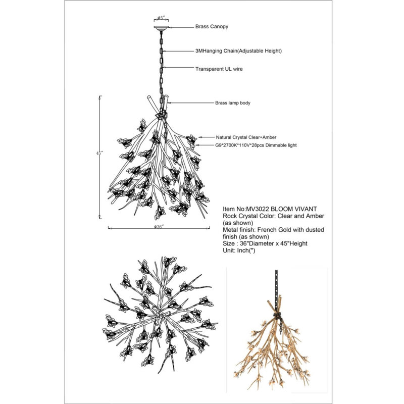 Lustre unique organique à 36 lumières Organic, Bronze, H 45 po x l 36 po x P 36 po, Transparent / ambre