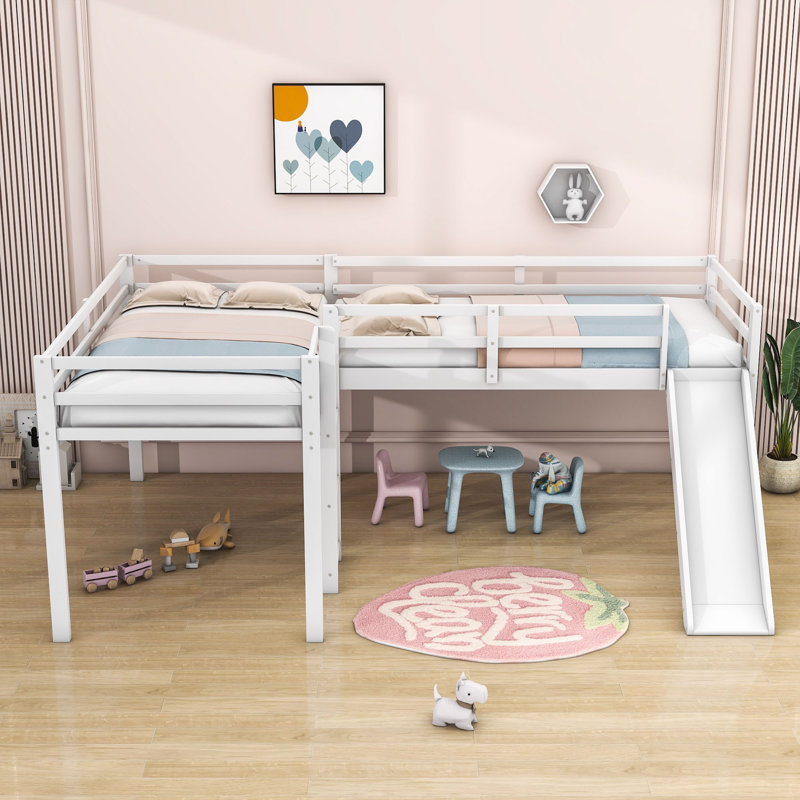 Farand Twin Size L-Shaped Loft Bed With Ladder And Slide, White
