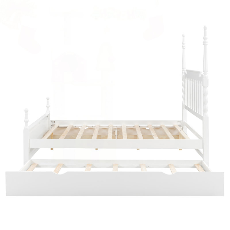 Grand lit plateforme avec lit gigogne simple TG, tiroirs de rangement et tête de lit à broche, White