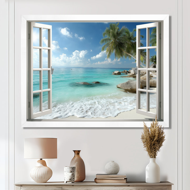 «Open Window Beach Views In Mexico - Coastal Windows», art mural encadré blanc bord de mer, Reproduction encadrée, Blanc