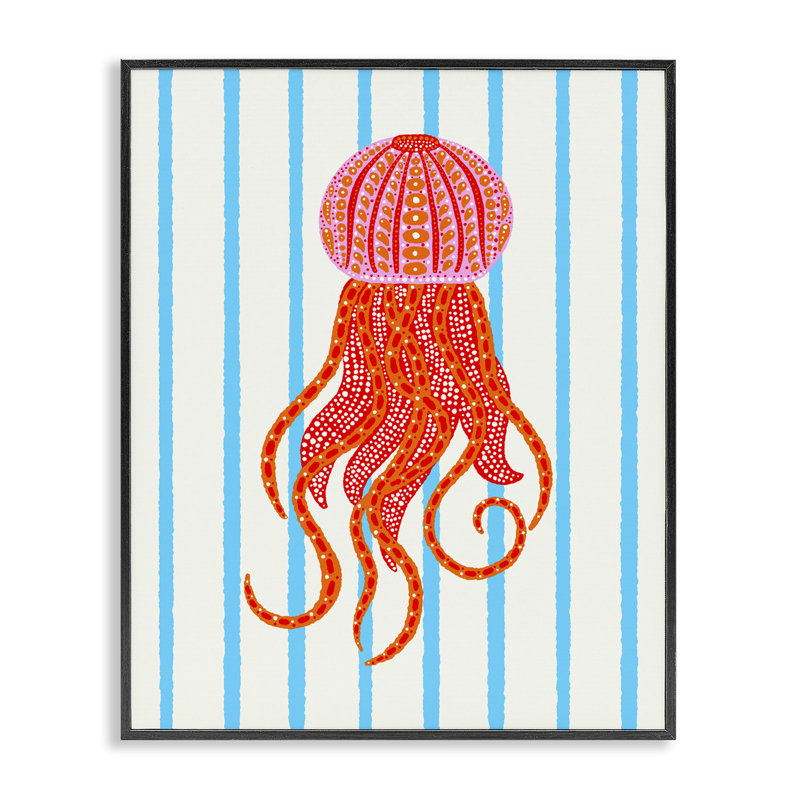 Vive la méduse aquatique lumineuse sur rayures, estampe numérique, design par Indira Prieto | IndySign, H 20 po x l 16 po