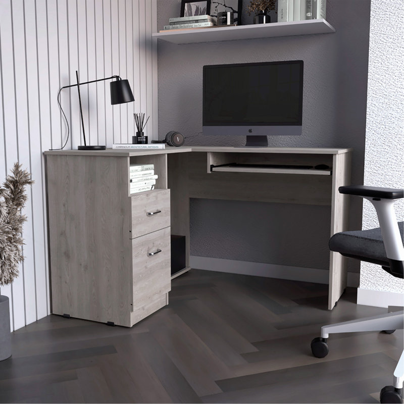 Bureau en L, plateau à clavier, deux tiroirs, une tablette ouverte, gris clair, Gris