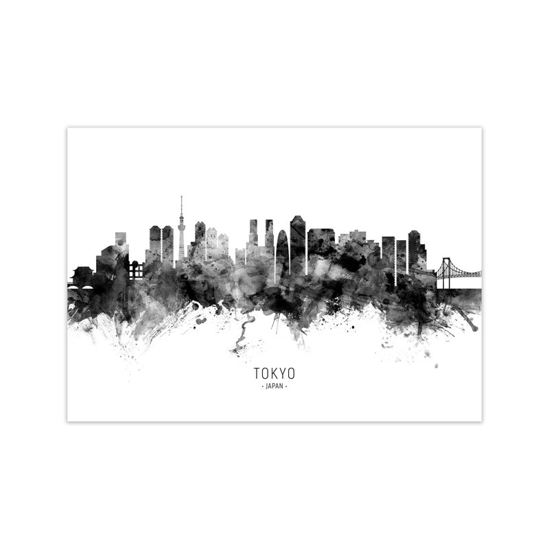 Tokyo Japan Skyline Black White City Name by Michael Tompsett - Print, 42cm H x 59cm W x 1cm D, Unframed