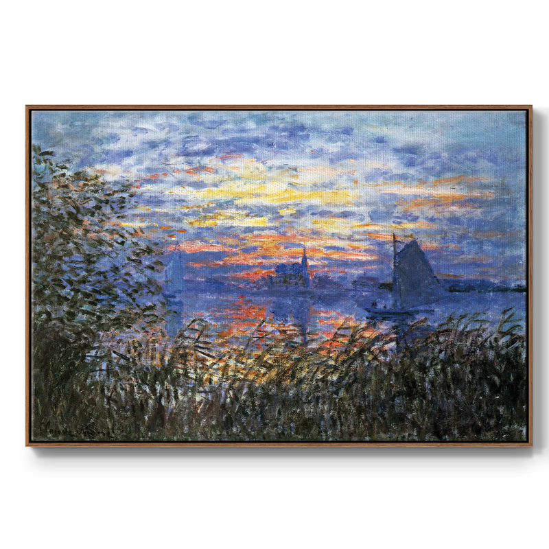 «Sunset on the seine», reproduction d'art encadrée sur toile par Claude Monet, Toile encadrée noyer flottant