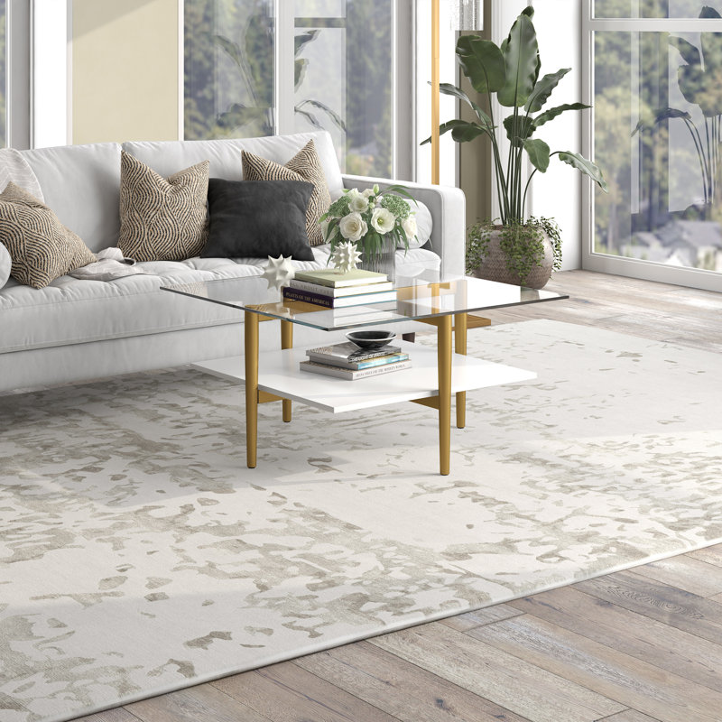 Otto Glass Top Coffee Table, White/Clear, Brass, Stone