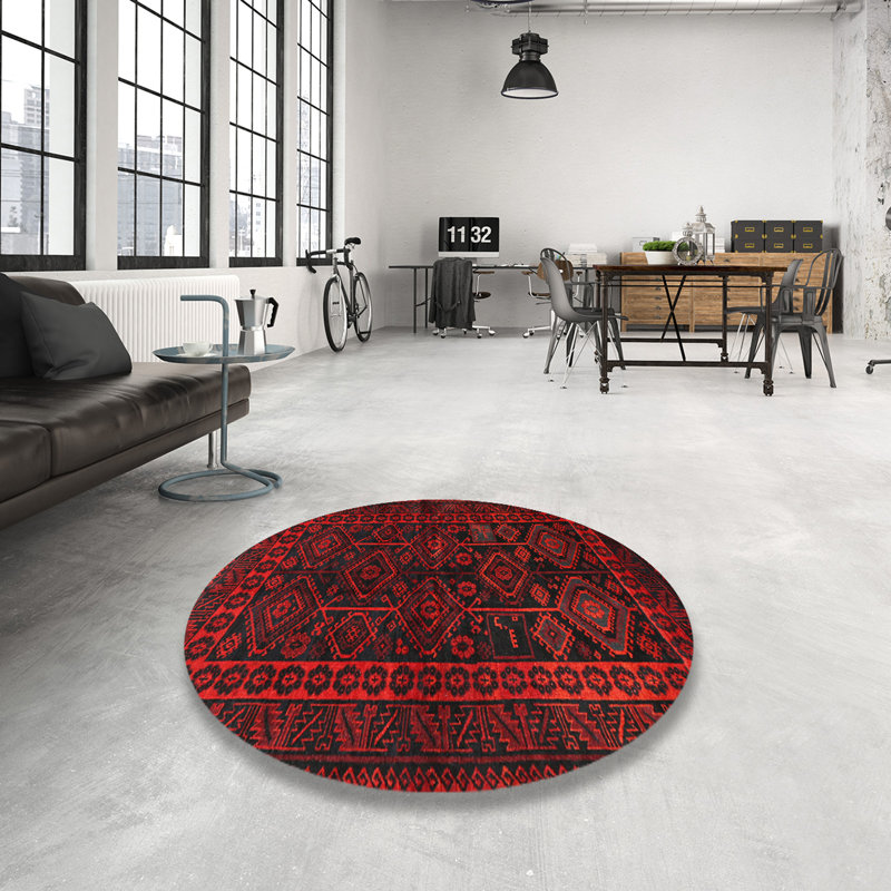Tapis traditionnel rouge / noir, Rond 3 pi