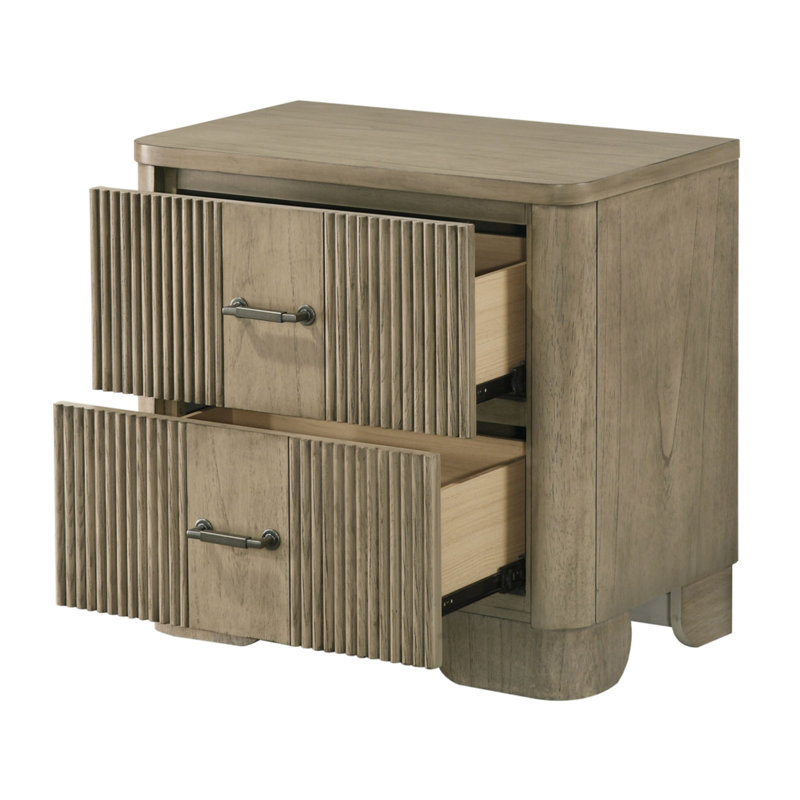 Table de chevet Havenwood en chêne antique à 2 tiroirs avec façades cannelées et silhouette incurvée