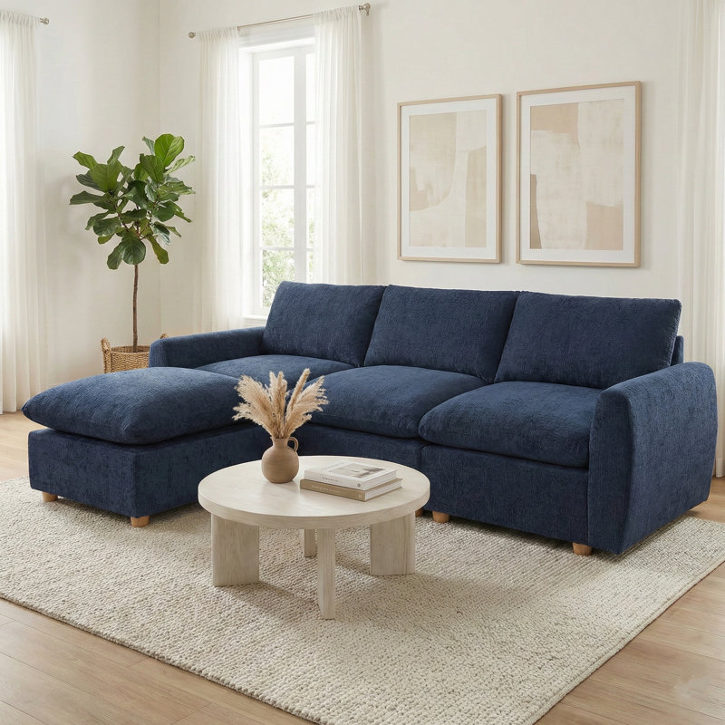 100" Modular L-shaped Sectional Sofa, Chenille Couch With Movable Ottoman For Living Room, Chenille - Blue