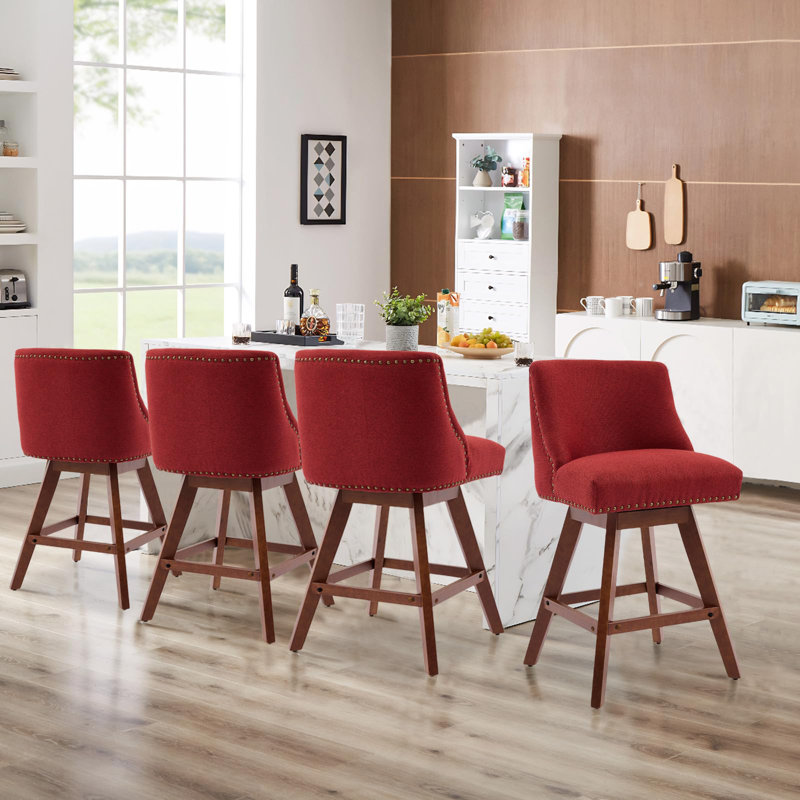 Kitchen Linen Swivel Bar Stools With Solid Wood Legs Upholstered Counter Stools, Red