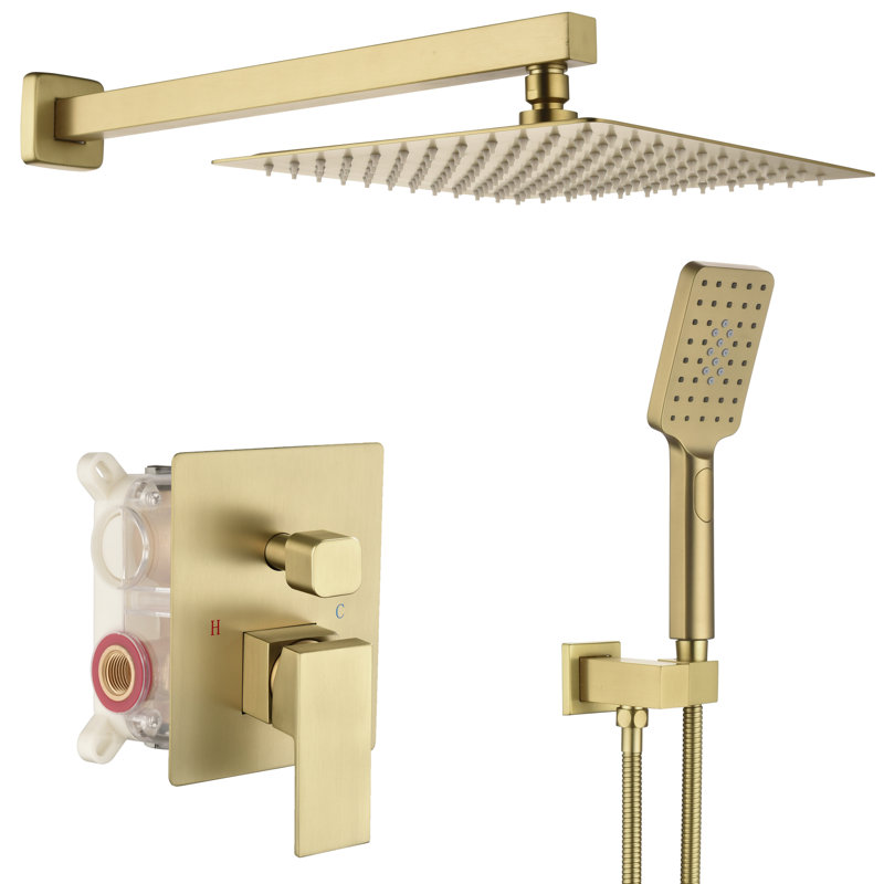 10" Square Complete Shower System With Rough-in Valve And Hand Shower, Brushed Gold