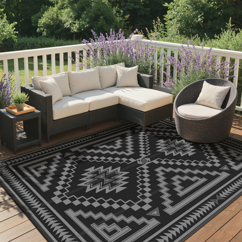 Shimeek Reversible Outdoor Mat, Waterproof Plastic Outdoor Mat, Black&Grey,Rectangle 6' x 9', Rectangle 6' x 9', Black/Gray