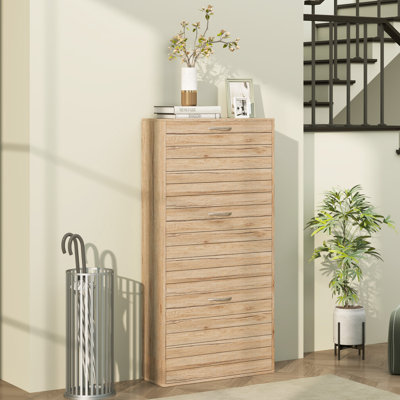 HOMCOM Narrow Shoe Cabinet, Slim Storage Cabinet, 3 Flip Drawers, Oak