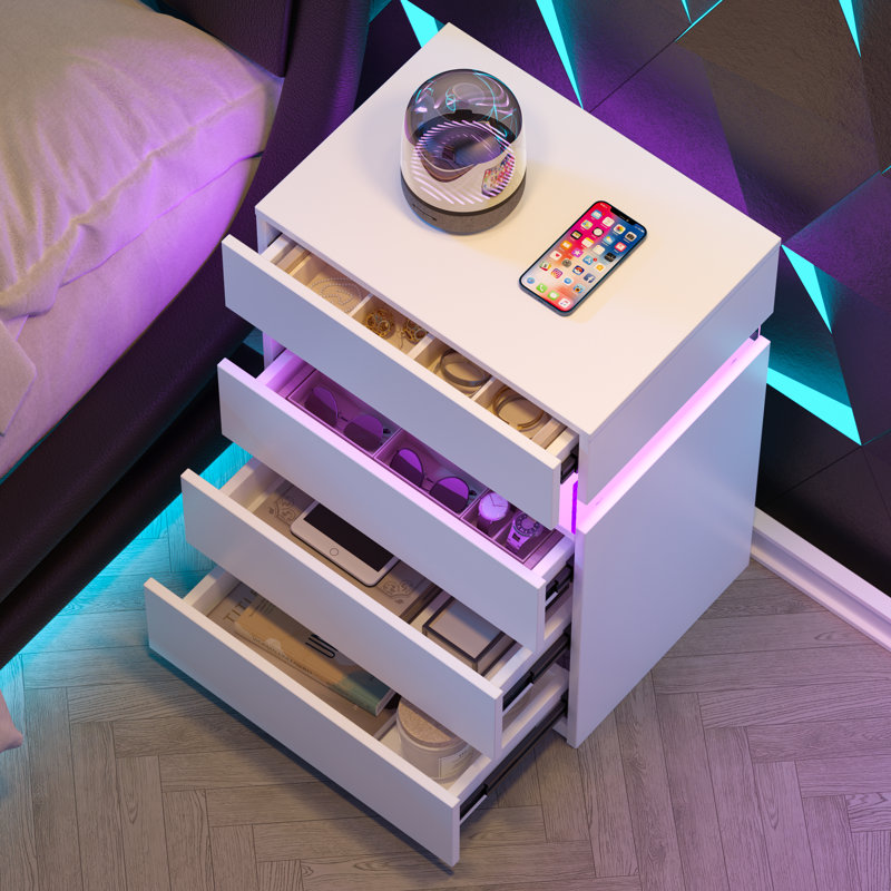 Led Nightstand With Gun Drawers, White