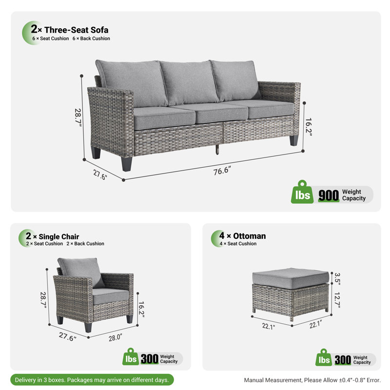 Ensemble de meubles de patio en osier / rotin pour 8 personnes Allcot, ensemble de canapé d'extérieur avec canapé, chaises, repose-pieds, coussins décoratifs et coussins confortables