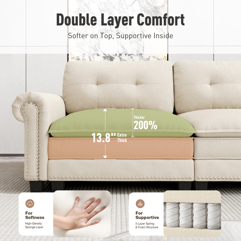 Canapé modulaire de 150 po avec 2 repose-pieds, très grand canapé en U en chenille ou aspect lin avec garniture cloutée