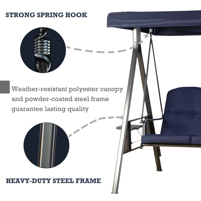 Navy Blue 3-Seat Outdoor Swing with Canopy and Cushions