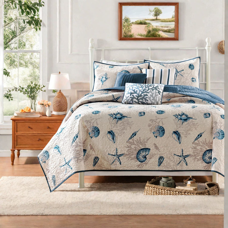 Ensemble de literie réversible, couette king en polyester brossé, chambre à coucher bleue côtière