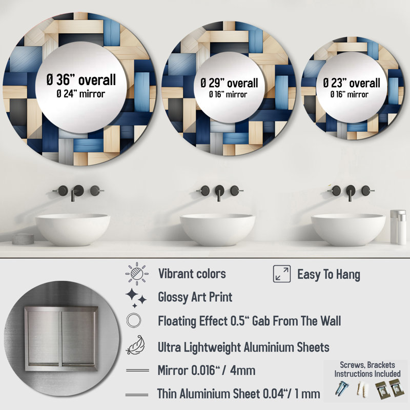 Beige And Blue Stripes Symmetry - Geometric  Decorative Mirror, Blue Round Wall Mirror, Printed Metal Art, 23" x 23"