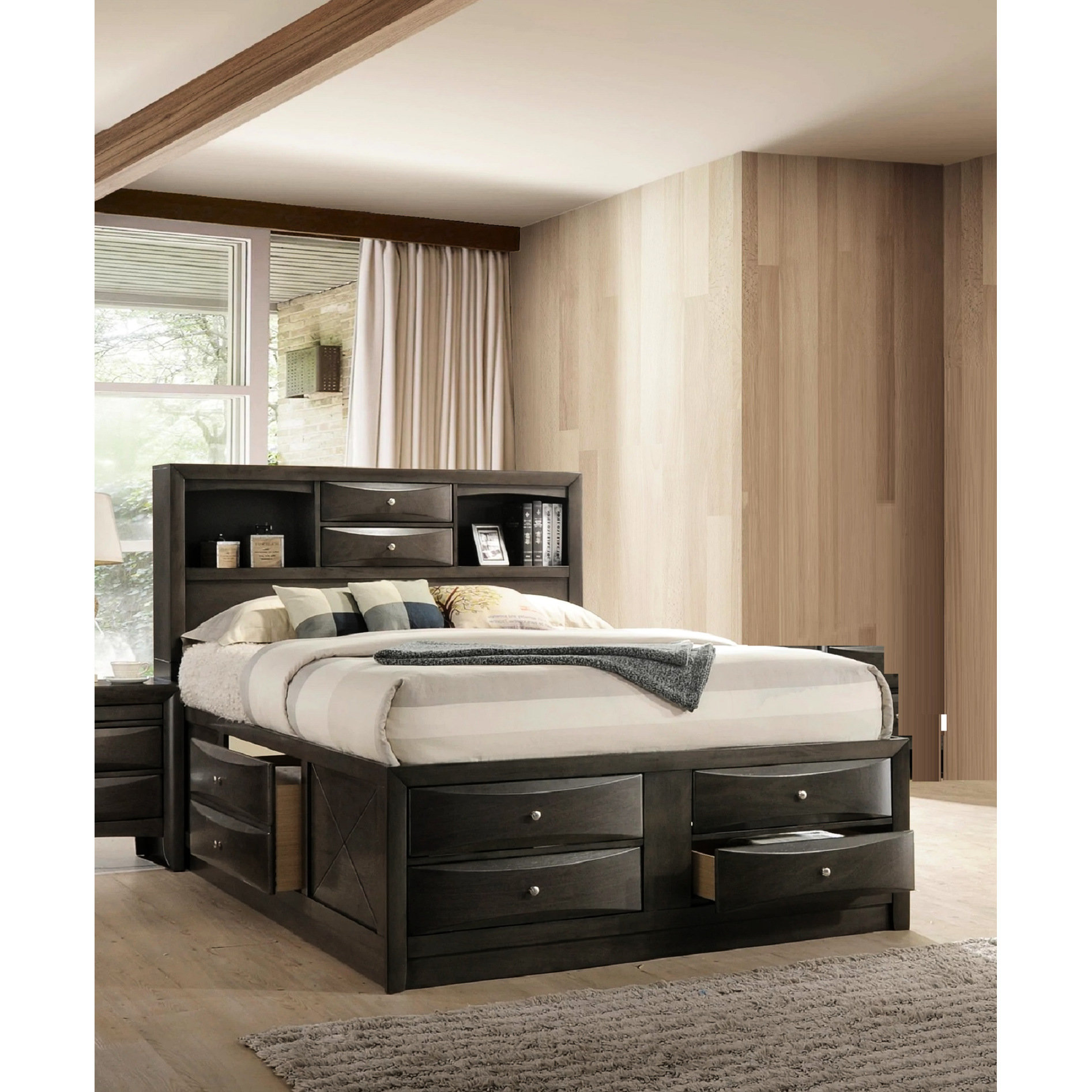 Hokku Designs Grey Wooden Queen Platform Bed With Headboard Shelves And ...