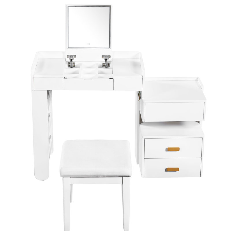Coiffeuse multifonctionnelle avec miroir rabattable, éclairage réglable et espace de rangement divisé - un ajout élégant au bureau blanc caché 3 modes d'éclairage, tablette latérale rétractable polyvalente pour