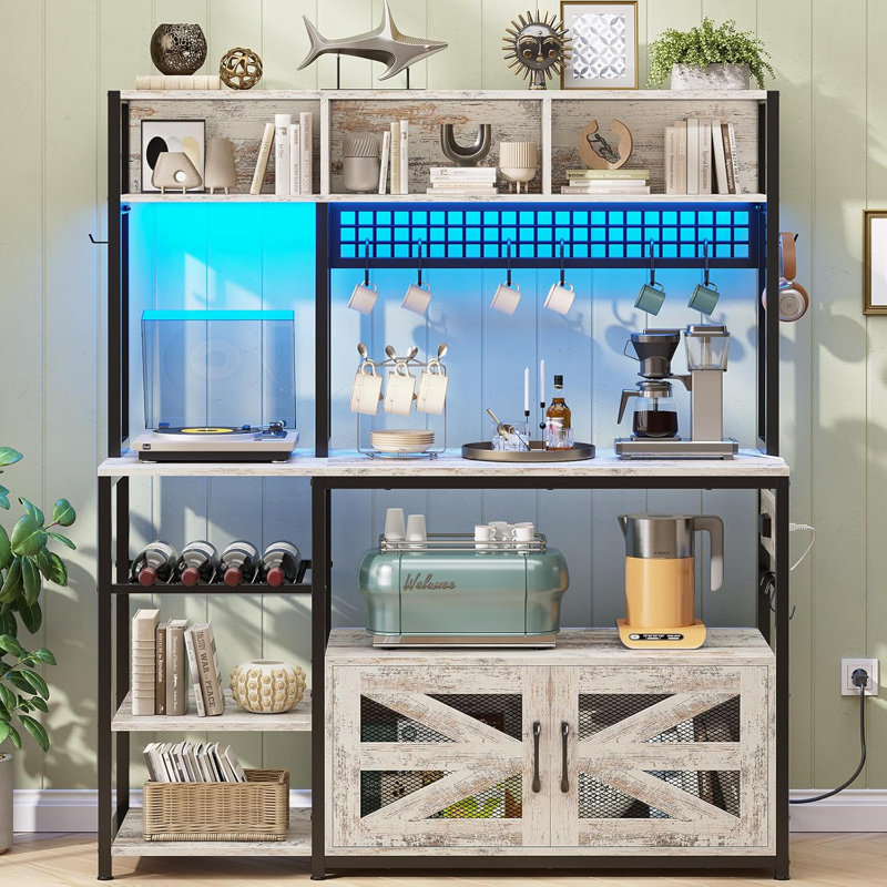 47.2 Inch Bakers Rack With Power Outlet, Microwave Stand With Storage, Farmhouse Coffee Bar Cabinet Station With Wine Rack