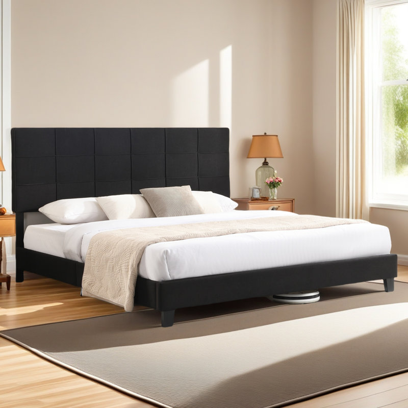 King Size Upholstered Platform Bed Frame With Linen Fabric Headboard, No Box Spring Needed, Wood Slat Support, Easy Assembly