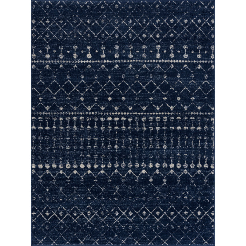 Dounia Transitional Performance Navy Blue/White Area Rug, Rectangle 2' x 3'