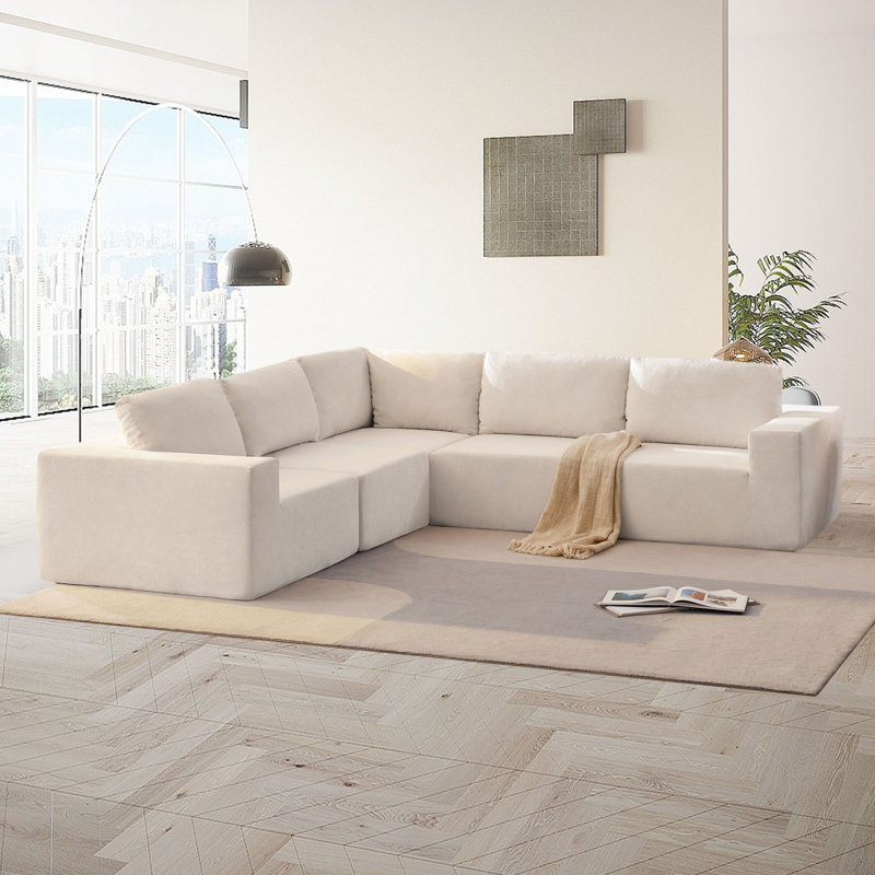 Darende Upholstered L-Shaped Sectional, White Polyester