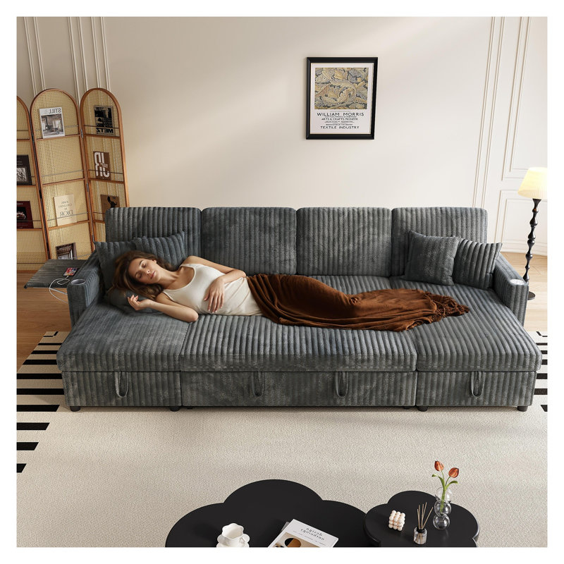 Canapé-lit en forme de U avec méridienne de rangement - Très grand lit modulaire coulissant 110,63 pouces, canapé-lit convertible en velours côtelé 6 places pour le salon, gris
