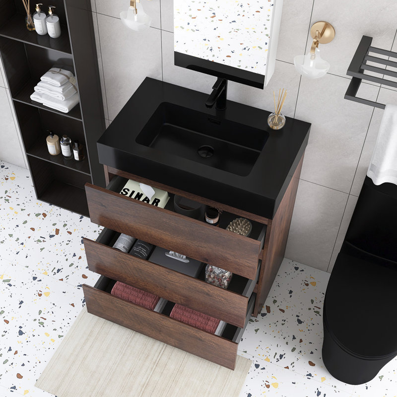 Meuble-lavabo autoportant de 30 po avec plateau en résine intégré, Noyer