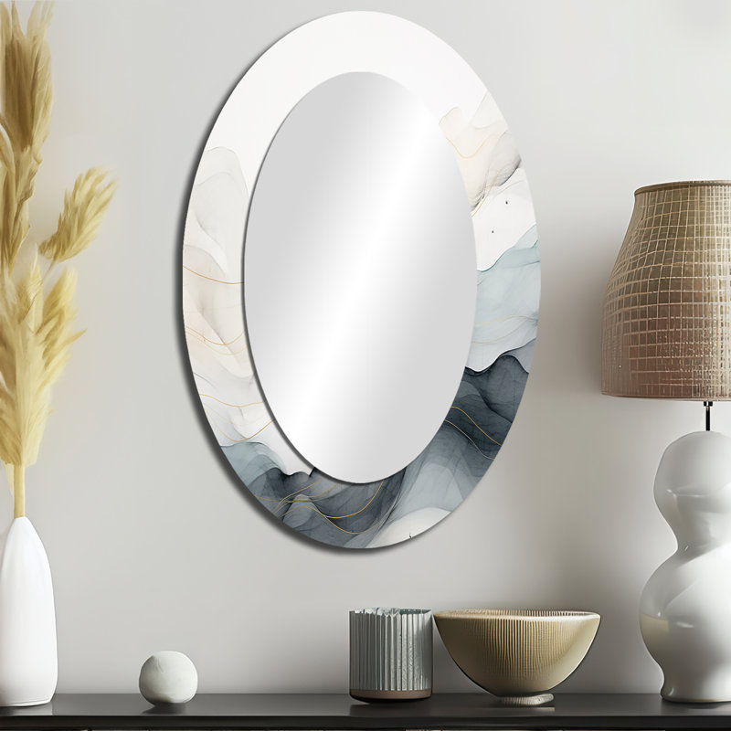 Blue Grey Line Art Conceptual Abstract II - Abstract Oval Decorative Mirror On Metal, 36" x 24"
