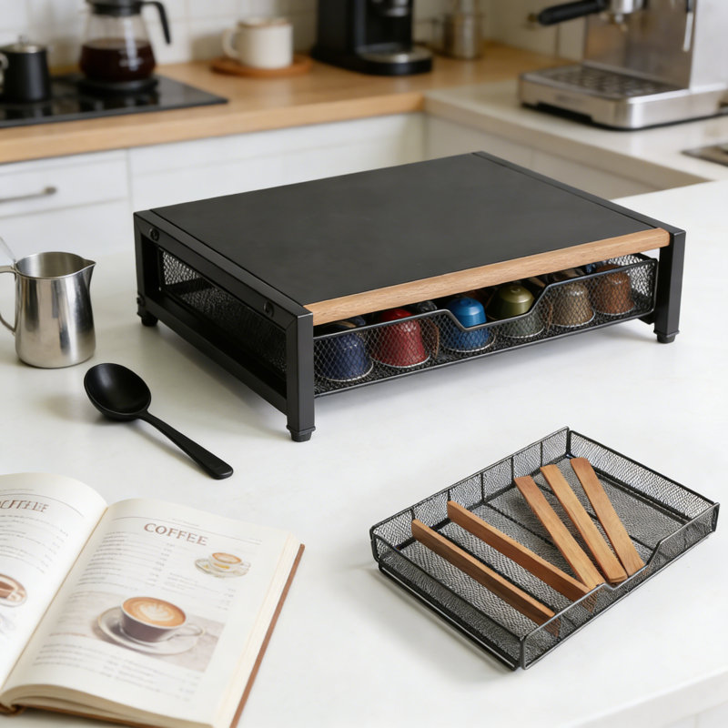 Organisateur de tiroir à café avec diviseurs en bois réglables, pouvant contenir 36 capsules, rangement de comptoir peu encombrant pour les dosettes Nespresso et les accessoires de café