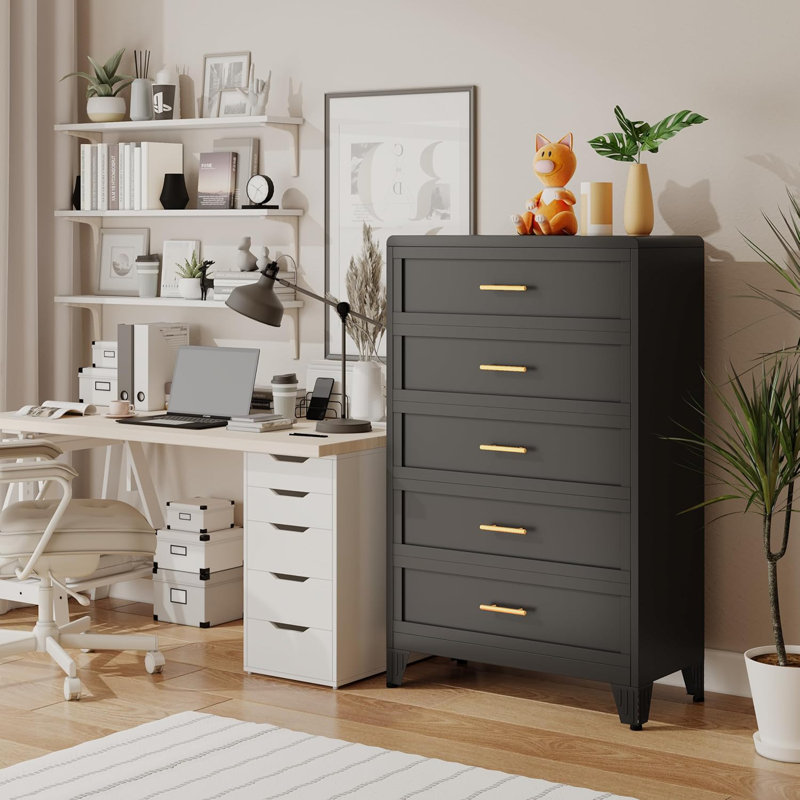Commode haute 5 tiroirs en métal pour bureau à domicile, Noir