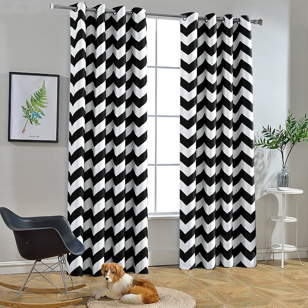 Chevron Curtains, Darkening Grommet Top Window Drapes Soundproof Thermal Insulated, 84 Inches Long, 52 by 84 inch, Black and White(1 Panel) Latitude, image size:1001x1001