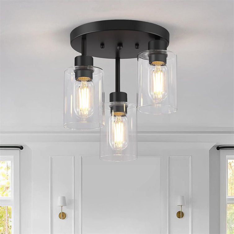 3-lights Semi Flush Mount Ceiling Light Fixtures with Transparent Glass Shade