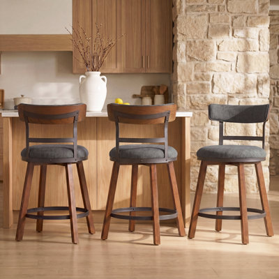 Modern Bar Stools Set of 3, 26" Thick Upholstered Barstools with Curved Frabic Backrest&Solid Wood Legs&Matte Metal Frame, Counter Height Bar Stools for Kicthen Island, Grey