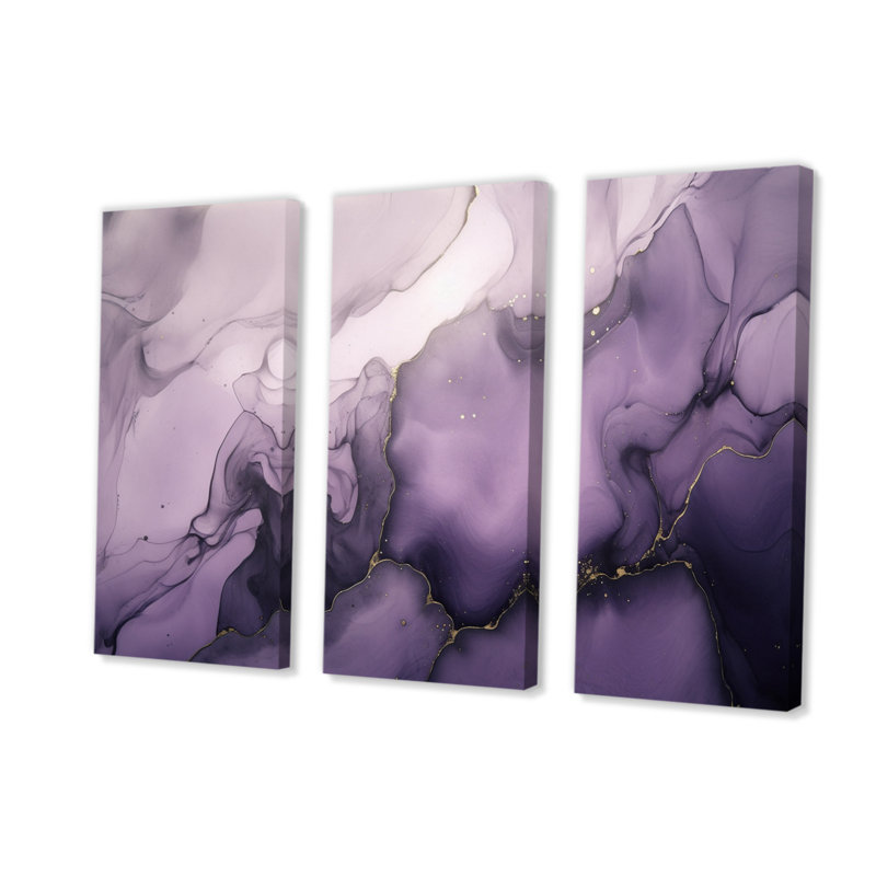 Mauve et gris marbré, nuages d'encre X - 3 pièces sur toile tendue, H 28 po x l 36 po x P 1 po
