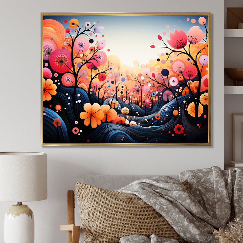 «Rose and Blue Botanical Abstracts Wonderland II», art mural botanique, Cadre flottant doré, H 12 po x l 20 po x P 1 po